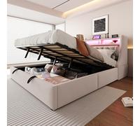 KOMHTOM Lit Double Rembourré, Lit Coffre Hydraulique, Tête de lit avec Rangement, éclairage LED, Port de Charge, Sommier à Lattes, Tissu Velours(sans Matelas) (Beige, 180 x 200 CM)