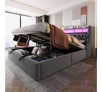 KOMHTOM Lit Double Rembourré, Lit Coffre Hydraulique, Tête de lit avec Rangement, éclairage LED, Port de Charge, Sommier à Lattes, Tissu Velours(sans Matelas) (Gris, 180 x 200 CM)