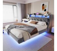 KOMHTOM Lit Double Rembourré, Lit Coffre Hydraulique, Tête de lit avec Rangement, éclairage LED, Port de Charge, Sommier à Lattes, Tissu Velours(sans Matelas) (Gris, 180x200cm)