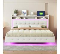 KOMHTOM Lit Double Rembourré, Lit Moderne au Design Suspendu, Éclairage d'ambiance LED, Port de Recharge USB, Tête de lit avec Rangement, Tissu en Lin(sans Matelas) (Beige, 160x200 cm)