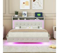 KOMHTOM Lit Double Rembourré, Lit Moderne au Design Suspendu, Éclairage d'ambiance LED, Port de Recharge USB, Tête de lit avec Rangement, Tissu en Lin(sans Matelas) (Beige, 140x200 cm)