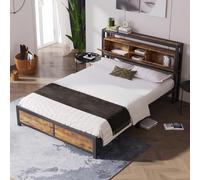 KOMHTOM Lit en Bois avec Tête de Lit à Rangement et Sommier métallique, Cadre de Lit Plateforme pour Adultes, Adolescents, Industriel(sans Matelas) (140 x 200cm)
