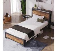 KOMHTOM Lit en Bois avec Tête de Lit à Rangement et Sommier métallique, Cadre de Lit Plateforme pour Adultes, Adolescents, Industriel(sans Matelas) (90 x 200cm)