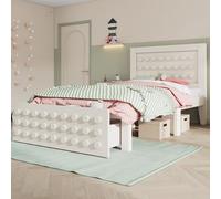 KOMHTOM Lit en Bois Simple avec Tiroir de Rangement, Cadre de Lit adapté Enfant et Adolescent avec Sommier à Lattes, Design Créatif(sans Matelas) (Blanc, 90x200 cm)