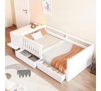 KOMHTOM lit Enfant 90x200 avec Bureau,rangements,LED et Prise,Blanc | 4 tiroirs,niches ouvertes,module indépendant gauche/droite,garde-corps,sommier 24 lattes,matelas 8-10cm