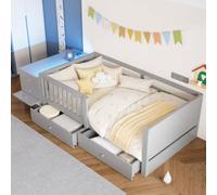KOMHTOM lit Enfant 90x200 avec Bureau,rangements,LED et Prise,Gris | 4 tiroirs,niches ouvertes,module indépendant gauche/droite,garde-corps,sommier 24 lattes,matelas 8-10cm