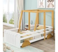 KOMHTOM Lit Enfant en Bois 90x200 cm - Lit Plateforme Véhicule avec Barrière de Sécurité - Sommier à Lattes - Design Unique - 4 Roues - MDF - sans Matelas (Blanc)