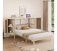 KOMHTOM Lit Escamotable en Bois avec Compartiments de Rangement, Design Rotin, Lit Plateforme Multifonctionnel se Transforme en Armoire de Rangement(sans Matelas) (Bois-140x200cm)