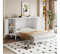 KOMHTOM Lit Escamotable en Bois avec Compartiments de Rangement, Design Rotin, Lit Plateforme Multifonctionnel se Transforme en Armoire de Rangement(sans Matelas)(Blanc-140x200cm)