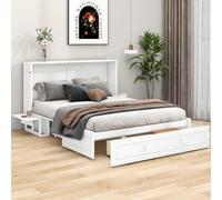 KOMHTOM Lit Escamotable en Bois avec Tiroir de Rangement, Lit Plateforme Transformable et Petite étagère sur Le côté, Cadre de lit Blanc, Sommier à Lattes(sans Matelas) (140 x 200cm)