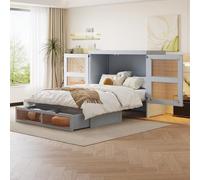 KOMHTOM Lit Escamotable en Bois avec Tiroir de Rangement, Rotin Design, Lit Plateforme Peut être Transformé en Armoire, Cadre de lit(sans Matelas) (140 x 200cm-Gris)