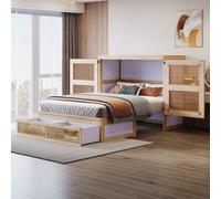 KOMHTOM Lit Escamotable en Bois avec Tiroir de Rangement, Rotin Design, Lit Plateforme Peut être Transformé en Armoire, Cadre de lit(sans Matelas) (140 x 200cm-Naturel)