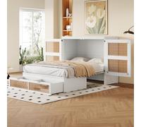 KOMHTOM Lit Escamotable en Bois avec Tiroir de Rangement, Rotin Design, Lit Plateforme Peut être Transformé en Armoire, Cadre de lit(sans Matelas) (140 x 200cm-Banc)