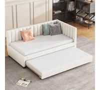 KOMHTOM Lit gigogne Moderne et Minimaliste lit escamotable avec sommier à Lattes et tête de lit, Beige/Gris Lit tapissé lit Une Personne sommier 90x200 (Beige)