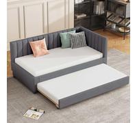 KOMHTOM Lit gigogne Moderne et Minimaliste lit escamotable avec sommier à Lattes et tête de lit, Beige/Gris Lit tapissé lit Une Personne sommier 90x200 (Gris)