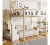 KOMHTOM Lit Mezzanine 140x200 cm Enfant avec Escalier Rangement Motifs Étoile Lune Cadre Bois Massif pour Chambre Naturel Blanc(Bois - Naturel/Blanc)
