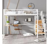 KOMHTOM Lit Mezzanine 90X200cm avec Bureau Intégré et Rangement, Lit Superposé en Fer avec Échelle et Sommier à Lattes, Cadre de lit Moderne (sans Matelas) (Blanc)