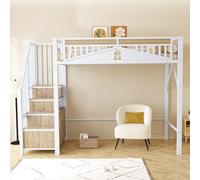 KOMHTOM Lit Mezzanine en Métal, Lit Surélevé, Cadre de lit, échelle d'escalade Interchangeable de Gauche à Droite, Barrière de Sécurité(sans Matelas) (Blanc, 90 x 200CM)