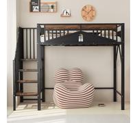 KOMHTOM Lit Mezzanine en Métal, Lit Surélevé, Cadre de lit, échelle d'escalade Interchangeable de Gauche à Droite, Barrière de Sécurité(sans Matelas) (Noir, 90x200 cm)