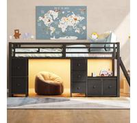 KOMHTOM lit Mezzanine Enfant 90 x 200 cm métal Noir, 7 tiroirs LED | Étagères ouvertes, garde-corps périphérique, échelle inclinée et espace libre sous le couchage.