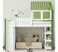 KOMHTOM Lit Mezzanine Enfant 90x200cm avec 2 Fenêtre, Armoires Rangement et étagères Ouvertes - Sommier à Lattes - Lit Superposé en Pin, Design Toit - sans Matelas (Blanc-A)