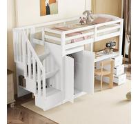 KOMHTOM Lit Mezzanine Multifonctionnel, 90x200cm Lit d'enfant avec Escaliers de Stockage, Bureau et Tiroirs et Armoire Tout en Un, Sommier à Lattes en Bois, Blanc(sans Matelas)