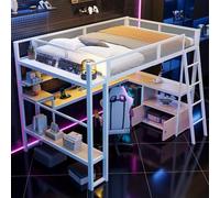 KOMHTOM Lit Mezzanine Multifonctionnel en Métal, Lit Surélevé avec Bureau, Prise électrique et Port USB, équipé d'un éclairage LED, étagère de Rangement(sans Matelas) (Blanc-2, 140 x 200cm)