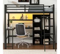 KOMHTOM Lit Mezzanine Multifonctionnel, Lit LED Métal 140x200cm avec Bureau, Armoire, étagère, Escaliers et Sommier à Lattes de Fer, Cadre de lit Moderne pour Adolescent (Noir-B)