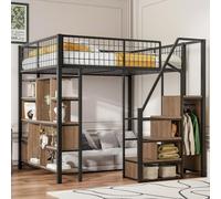 KOMHTOM Lit Mezzanine Multifonctionnel, Lit Métallique avec étagère intégrée, Escalier avec Rampes et Petite Armoire, Cadre de lit(sans Matelas) (Noir, 140 x 200cm)
