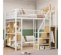 KOMHTOM Lit Mezzanine Multifonctionnel, Lit Métallique avec étagère intégrée, Escalier avec Rampes et Petite Armoire, Cadre de lit(sans Matelas) (Blanc, 140 x 200cm)