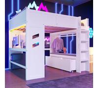 KOMHTOM Lit Mezzanine Multifonctionnel, Lit Surélevé en Bois avec éclairage LED, Ports de Charge USB et Type-C, Bureau, étendoir à Linge et 2 Tiroirs(sans Matelas) (140 x 200cm)