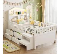 KOMHTOM Lit mi-Haut 90 x 200 cm avec Barrière de Sécurité, Lit Simple en Bois avec 4 Tiroirs, Tête de lit avec Rangement, Ports de Recharge et éclairage LED(sans Matelas) (Blanc)