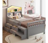 KOMHTOM Lit mi-Haut 90 x 200 cm avec Barrière de Sécurité, Lit Simple en Bois avec 4 Tiroirs, Tête de lit avec Rangement, Ports de Recharge et éclairage LED(sans Matelas) (Gris)