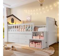 KOMHTOM Lit mi-Haut 90 x 200 cm, Lit Simple Mezzanine en Bois, Conception de Maison, avec 4 Tiroirs, éclairage à Bande LED et échelle de Rangement(sans Matelas)