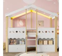 KOMHTOM Lit mi Hauteur 90 x 200 cm, Lit Simple Mezzanine en Bois, Conception de Maison, 2 Tiroirs, 2 Compartiments de Rangement, éclairage LED(sans Matelas)