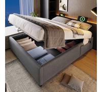 KOMHTOM Lit Rembourré 160×200 cm Gris Coffre avec Rangement sous Le lit et Poches de Rangement Cadre de Lit Plateforme(sans Matelas) avec Port de Charge USB/Type-C