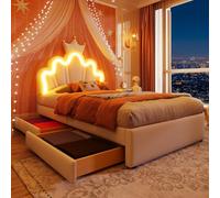 KOMHTOM Lit Rembourré avec Bande Lumineuse LED Ajustable, Lit de Princesse en Forme de Couronne et 2 tiroirs, Sommier à Lattes en Bois, Cadre de lit, PU(sans Matelas) (Blanc, 90 x 200CM-A)