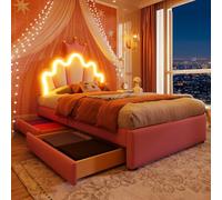 KOMHTOM Lit Rembourré avec Bande Lumineuse LED Ajustable, Lit de Princesse en Forme de Couronne et 2 tiroirs, Sommier à Lattes en Bois, Cadre de lit, PU(sans Matelas) (Rose, 90 x 200CM-A)