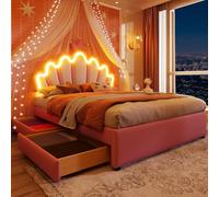 KOMHTOM Lit Rembourré avec Bande Lumineuse LED Ajustable, Lit de Princesse en Forme de Couronne et 2 tiroirs, Sommier à Lattes en Bois, Cadre de lit, PU(sans Matelas) (Rose, 140 x 200CM-A)
