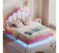 KOMHTOM Lit Rembourré avec Bande Lumineuse LED Ajustable, Lit de Princesse en Forme de Couronne, Sommier à Lattes en Bois, Cadre de lit, PU(sans Matelas) (Rose, 140x200cm)
