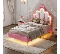 KOMHTOM Lit Rembourré avec Bande Lumineuse LED Ajustable, Lit de Princesse en Forme de Couronne, Sommier à Lattes en Bois, Cadre de lit, PU(sans Matelas) (Rose, 90x200cm)