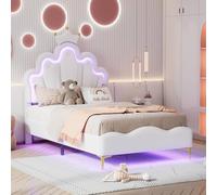 KOMHTOM Lit Rembourré avec Bande Lumineuse LED Ajustable, Lit de Princesse en Forme de Couronne, Sommier à Lattes en Bois, Cadre de lit, PU(sans Matelas) (Blanc, 90x200cm)