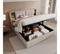 KOMHTOM Lit Rembourré avec Chargement sans Fil USB C, Lit Coffre avec Rangement sous Le lit, Tête de lit avec Compartiment de Rangement, Sommier à Lattes(sans Matelas) (Beige, 140x200cm)