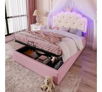 KOMHTOM Lit Rembourré avec éclairage d'ambiance LED, Modernité Lit Coffre avec Tête de lit à Motif de Couronne de Princesse, PU, Rose (sans Matelas) (140x200CM-B)