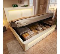 KOMHTOM Lit Rembourré avec éclairage LED, Lit Multifonction Moderne avec Ports USB et Type-C, Lit Hydraulique avec Rangement, Chambres à Coucher(sans Matelas) (Beige, 180x200cm)
