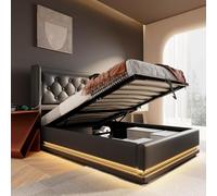 KOMHTOM Lit Rembourré avec Fonction de Chargement USB et Type-C, Lit de Rangement Hydraulique avec éclairage LED et Espace de Rangement, PU(sans Matelas) (Noir, 90x200cm)