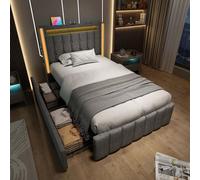 KOMHTOM Lit Rembourré avec Fonction de Recharge USB Type C, Lit LED avec 2 tiroirs de Rangement, Cadre de lit pour Adolescents, Adultes, Gris(sans Matelas) (90x200cm)