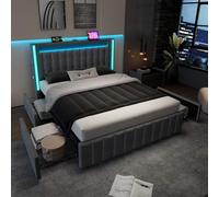 KOMHTOM Lit Rembourré avec Fonction de Recharge USB Type C, Lit LED avec 4 tiroirs de Rangement, Cadre de lit pour Adolescents, Adultes, Gris(sans Matelas) (160x200cm)