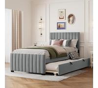 KOMHTOM Lit Rembourré avec lit gigogne, Lit Simple en Velours, Design Minimaliste, Équipé Tête de lit et Sommier à Lattes en Bois, Chambre à Coucher(sans Matelas) (Gris, 90 x 190 cm)