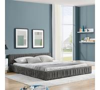 KOMHTOM Lit Rembourré en Tissu Chenille, Lit au Sol à Conception Plissée, Équipé Tête de lit et Sommier à Lattes en Bois, Chambre à Coucher(sans Matelas) (Gris foncé, 160 x 200cm)